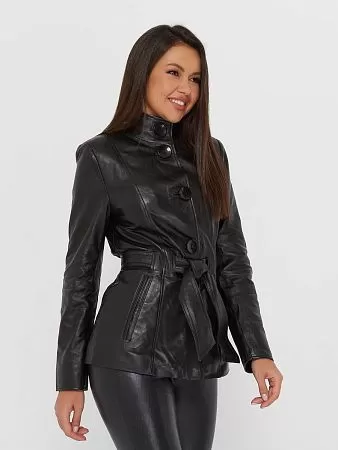 Куртка кожаная черная с поясом